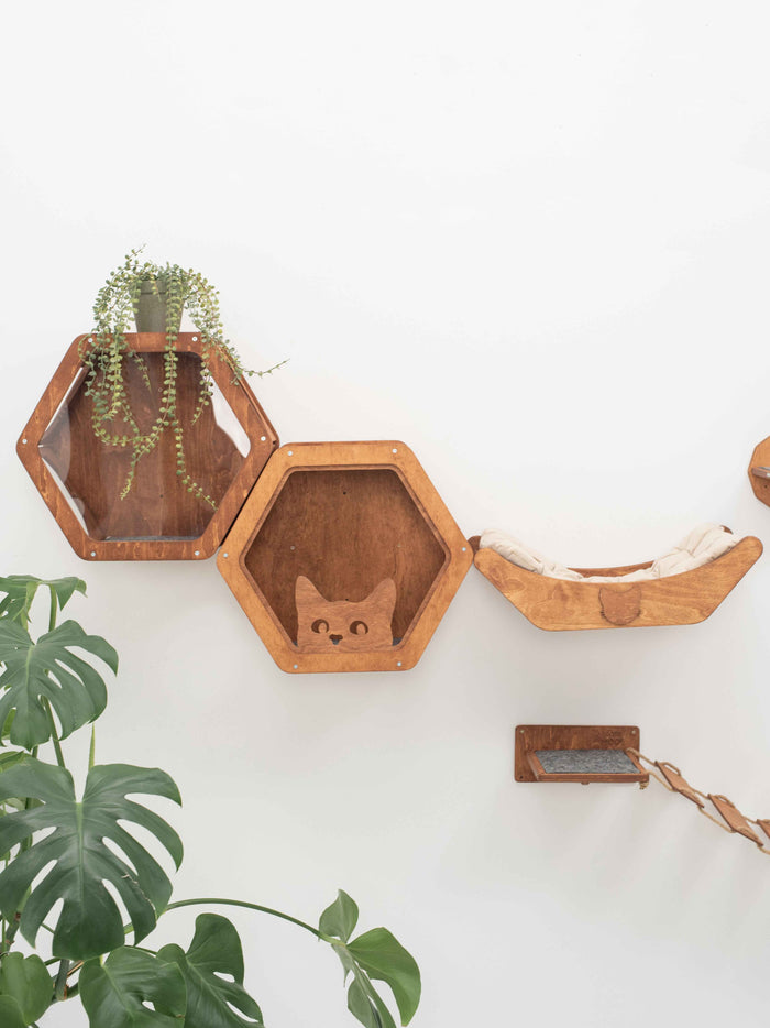Wall Hexagon Cat House Set 2 Felt + Basket for Cats