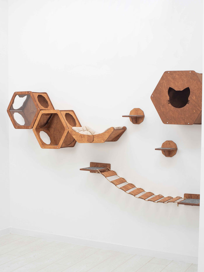 Wall Hexagon Cat House Set 3 Felt + Cat Bridge S