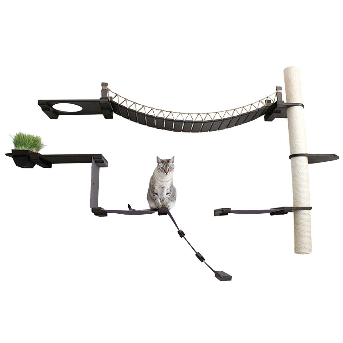 Wall mounted compact cat condo with a long canvas bridge linking a sisal pole to stacked platforms