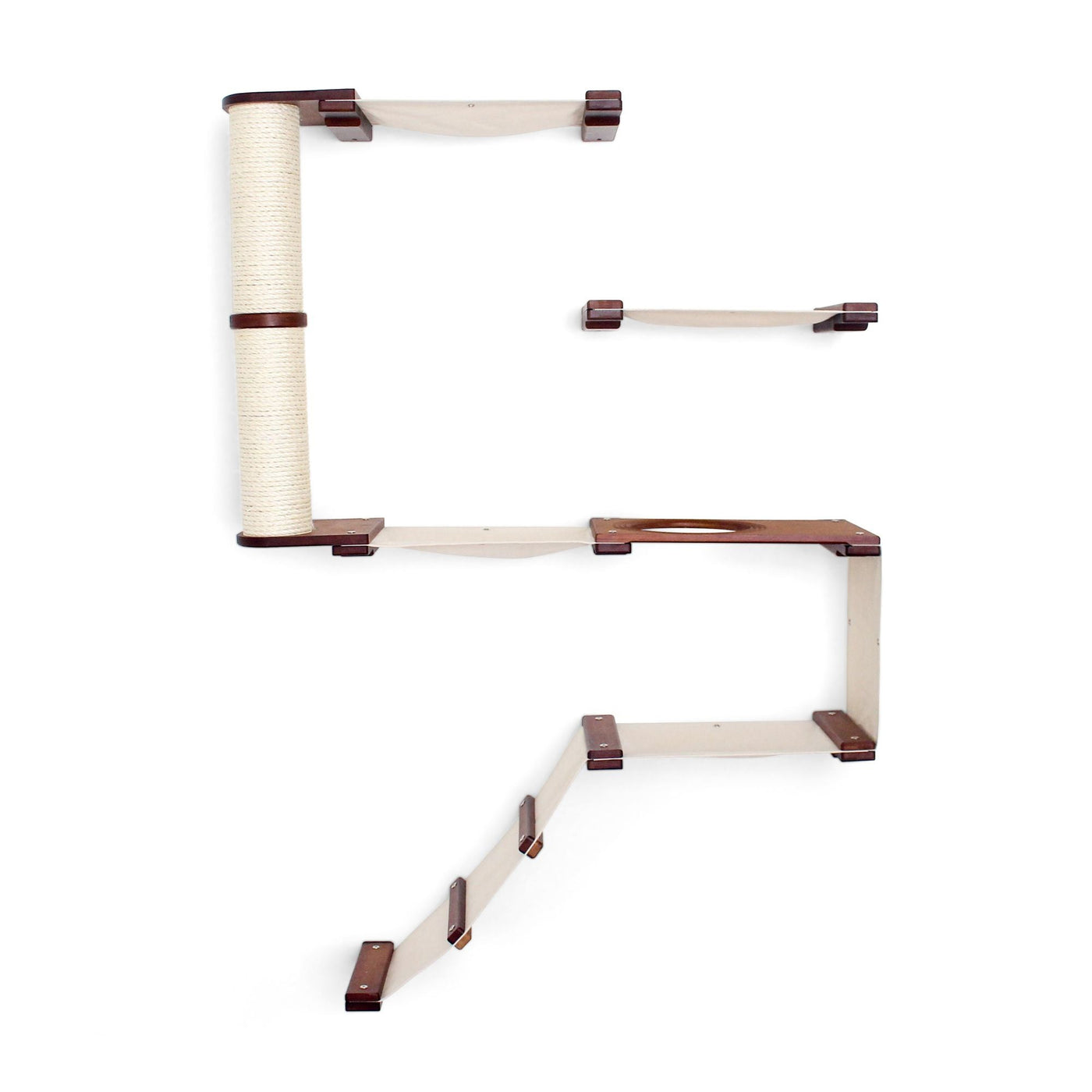 Tall narrow wall mounted cat fort condo with an entry ramp, escape hatch, and stacked canvas hammocks