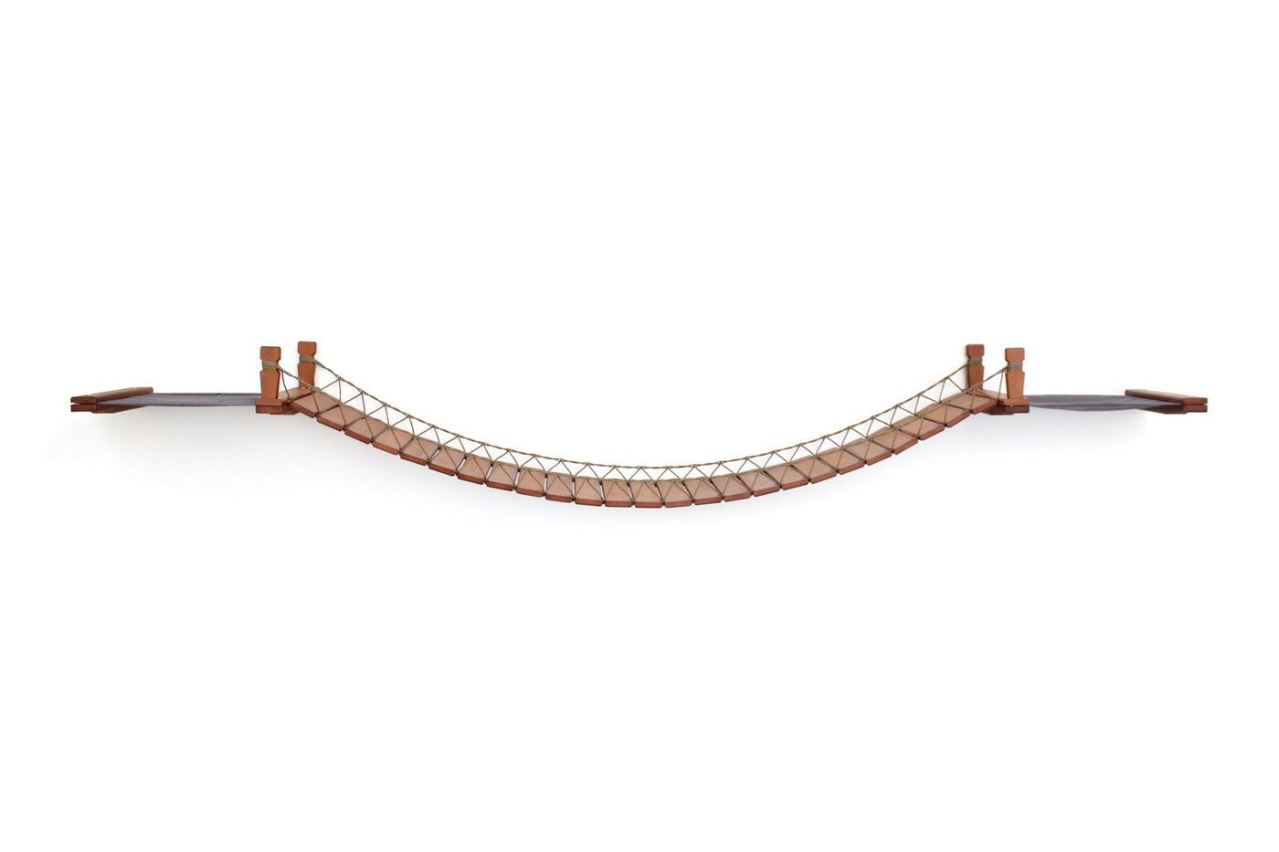 Wall mounted cat bridge with a canvas hammock at each end above a doorway