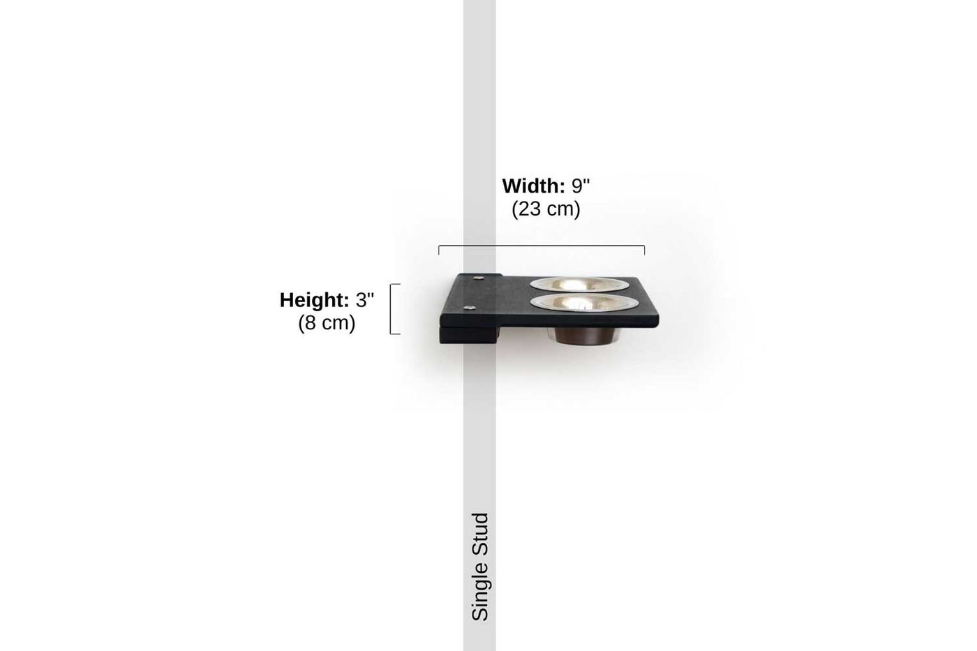 Wall mounted bamboo cat feeding shelf with two food dishes and an escape hatch opening above