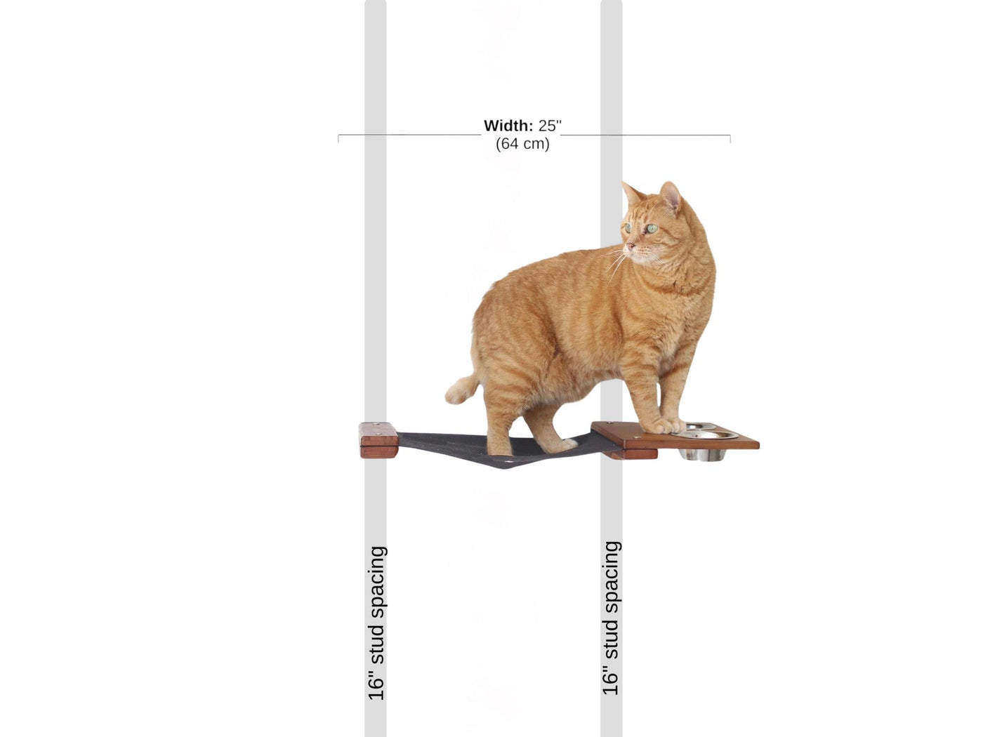 Wall mounted raised cat feeder with food dishes and an attached canvas lounge