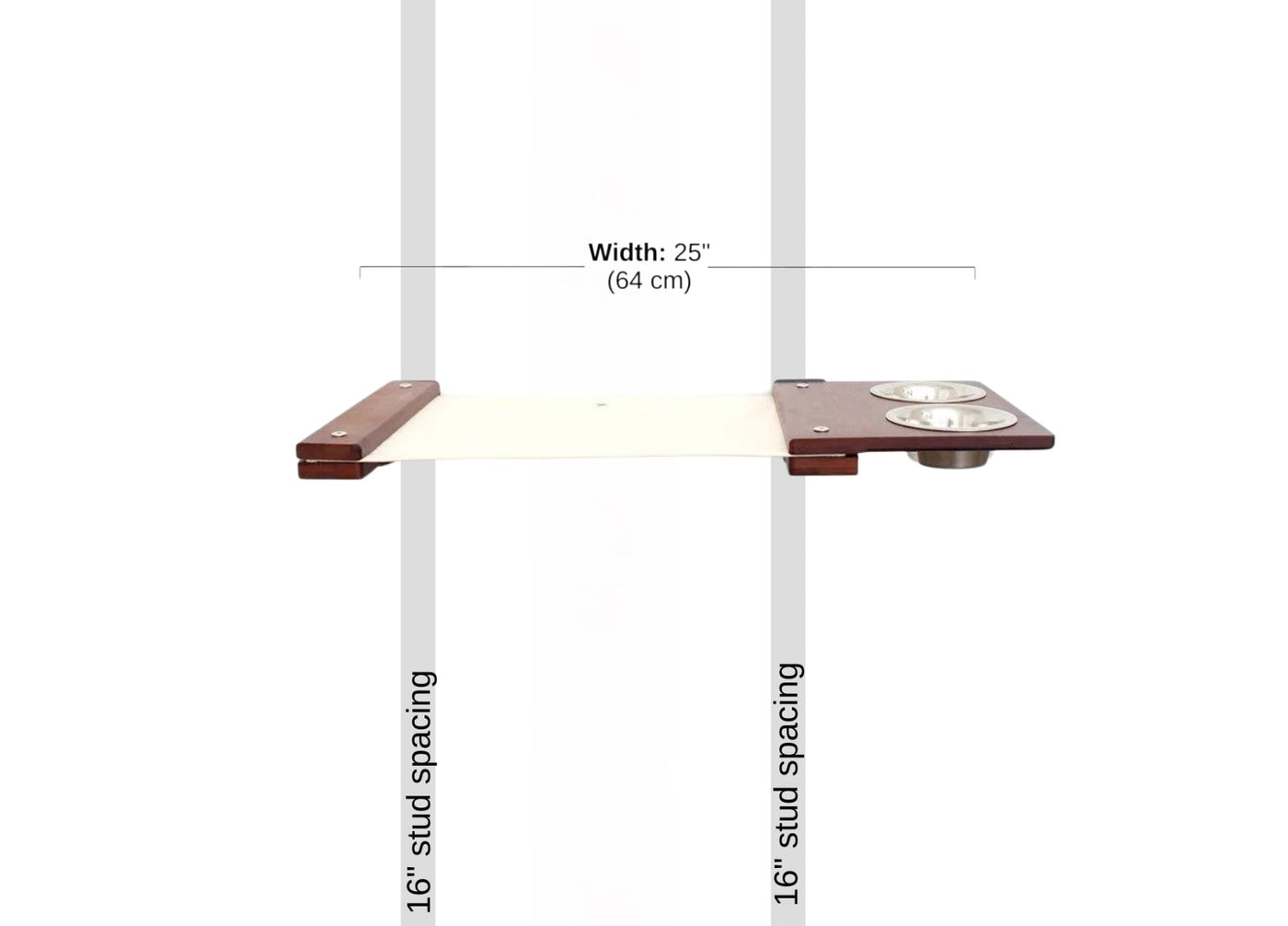 Wall mounted raised cat feeder with food dishes and an attached canvas lounge
