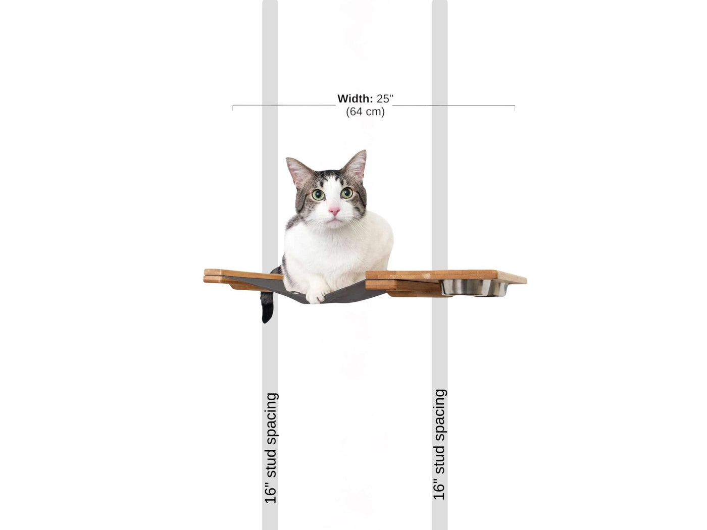 Wall mounted raised cat feeder with food dishes and an attached canvas lounge