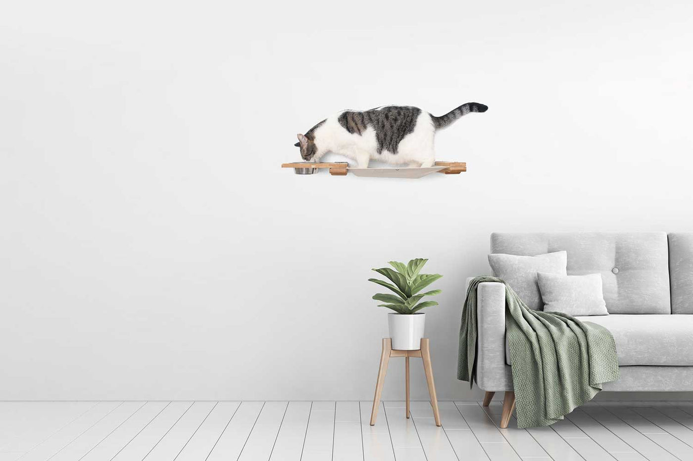 Wall mounted raised cat feeder with food dishes and an attached canvas lounge