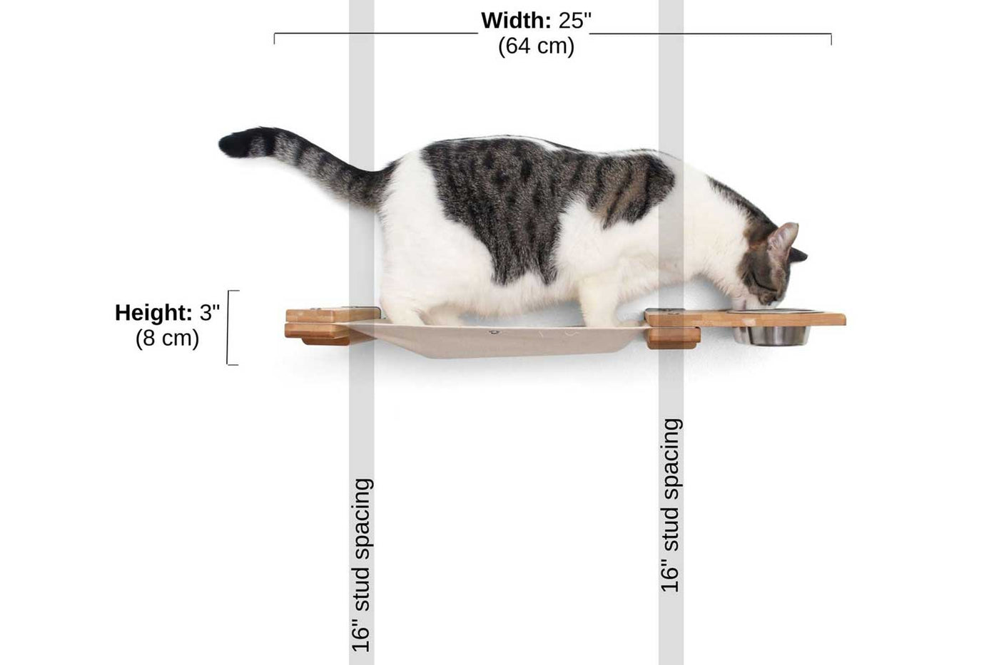 Wall mounted raised cat feeder with food dishes and an attached canvas lounge
