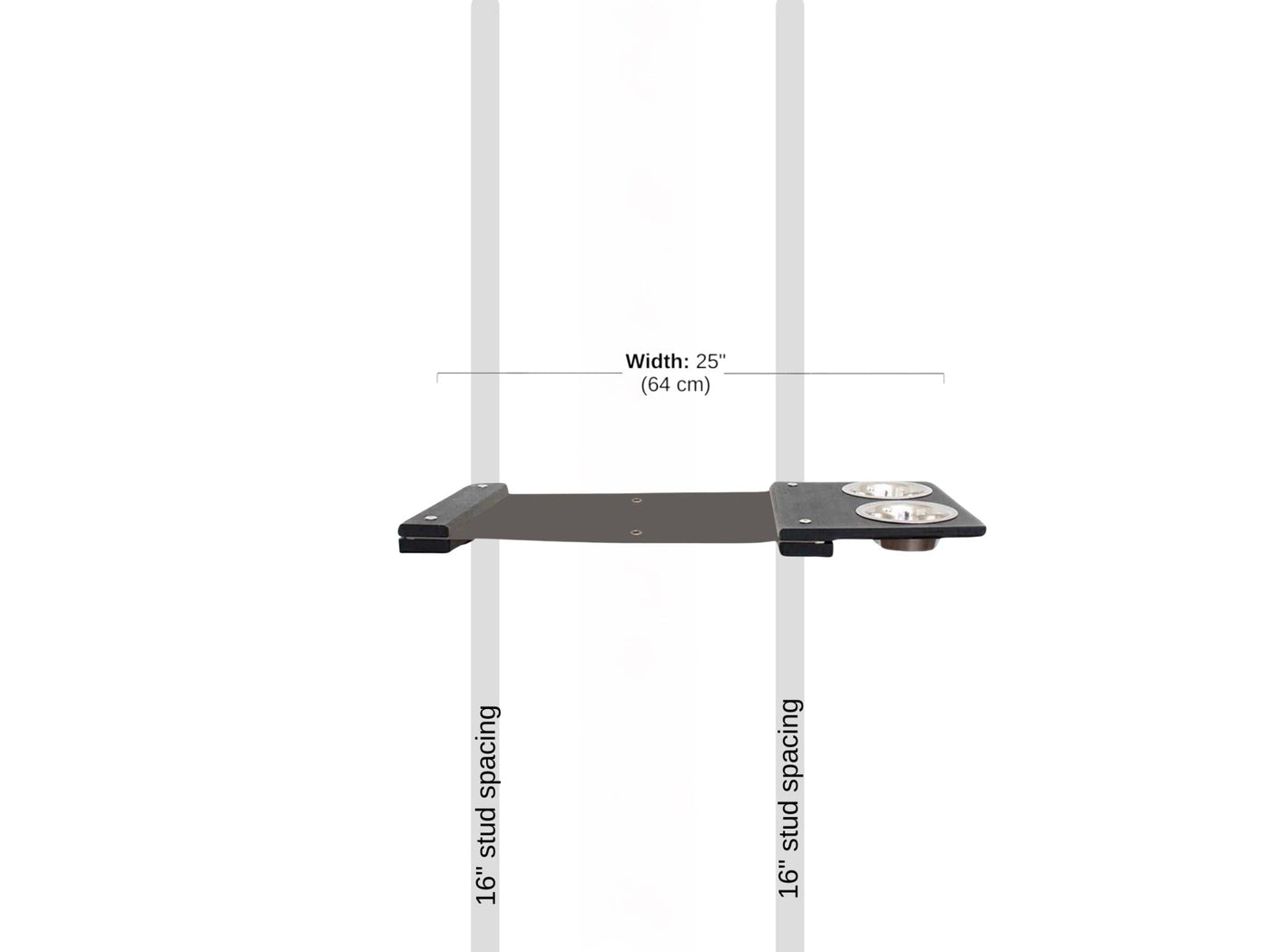 Wall mounted raised cat feeder with food dishes and an attached canvas lounge