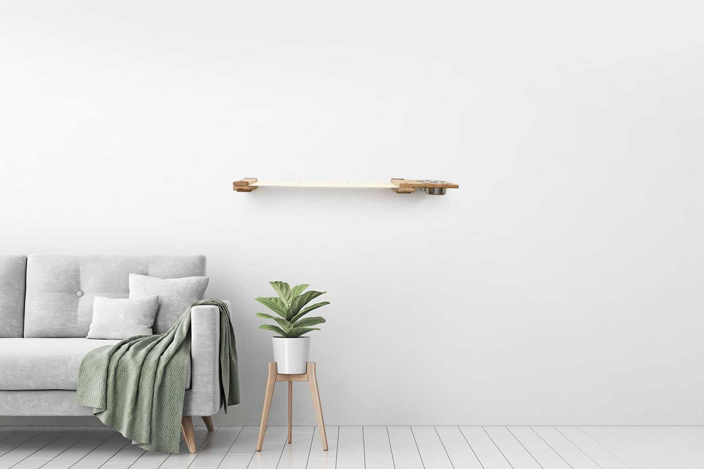Wall mounted raised cat feeder with food dishes and an attached canvas lounge