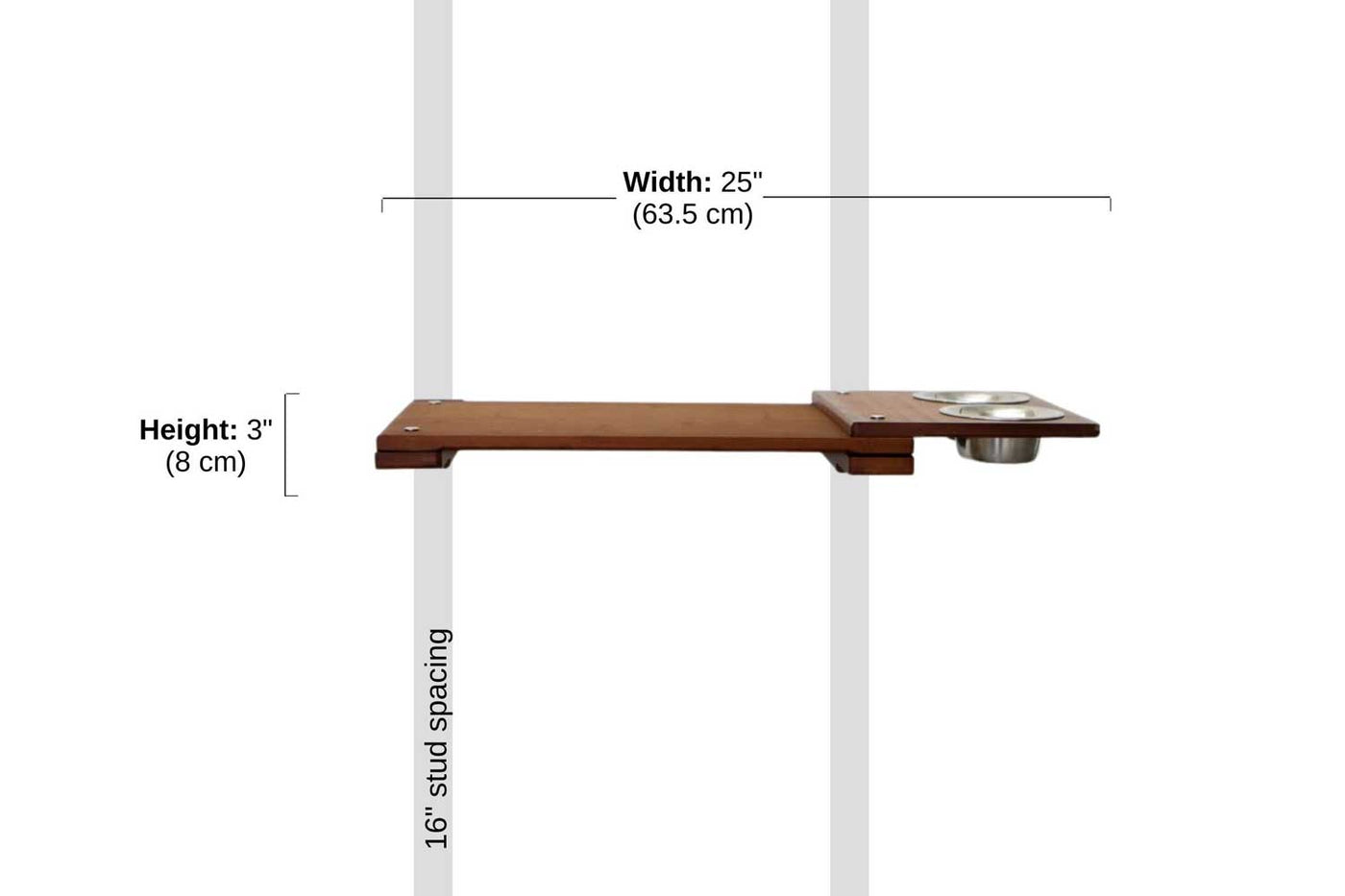 Wall mounted bamboo cat feeding shelf with two food dishes and an escape hatch opening above