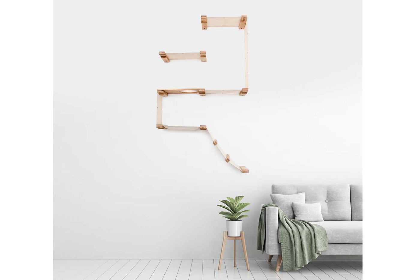 Tall narrow wall mounted cat fort condo with an entry ramp, escape hatch, and stacked canvas hammocks