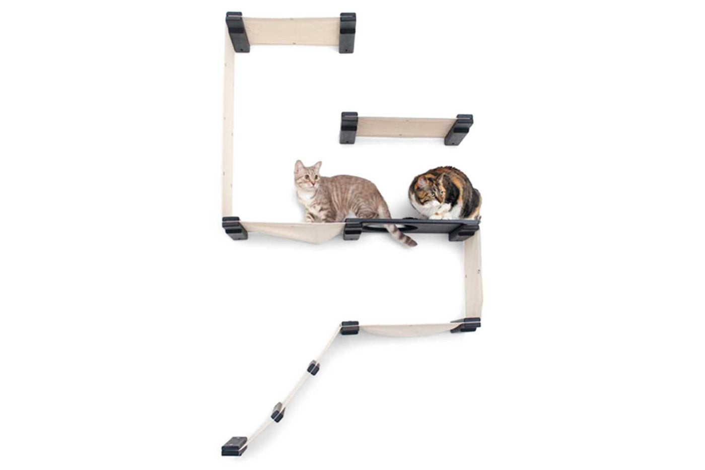 Tall narrow wall mounted cat fort condo with an entry ramp, escape hatch, and stacked canvas hammocks