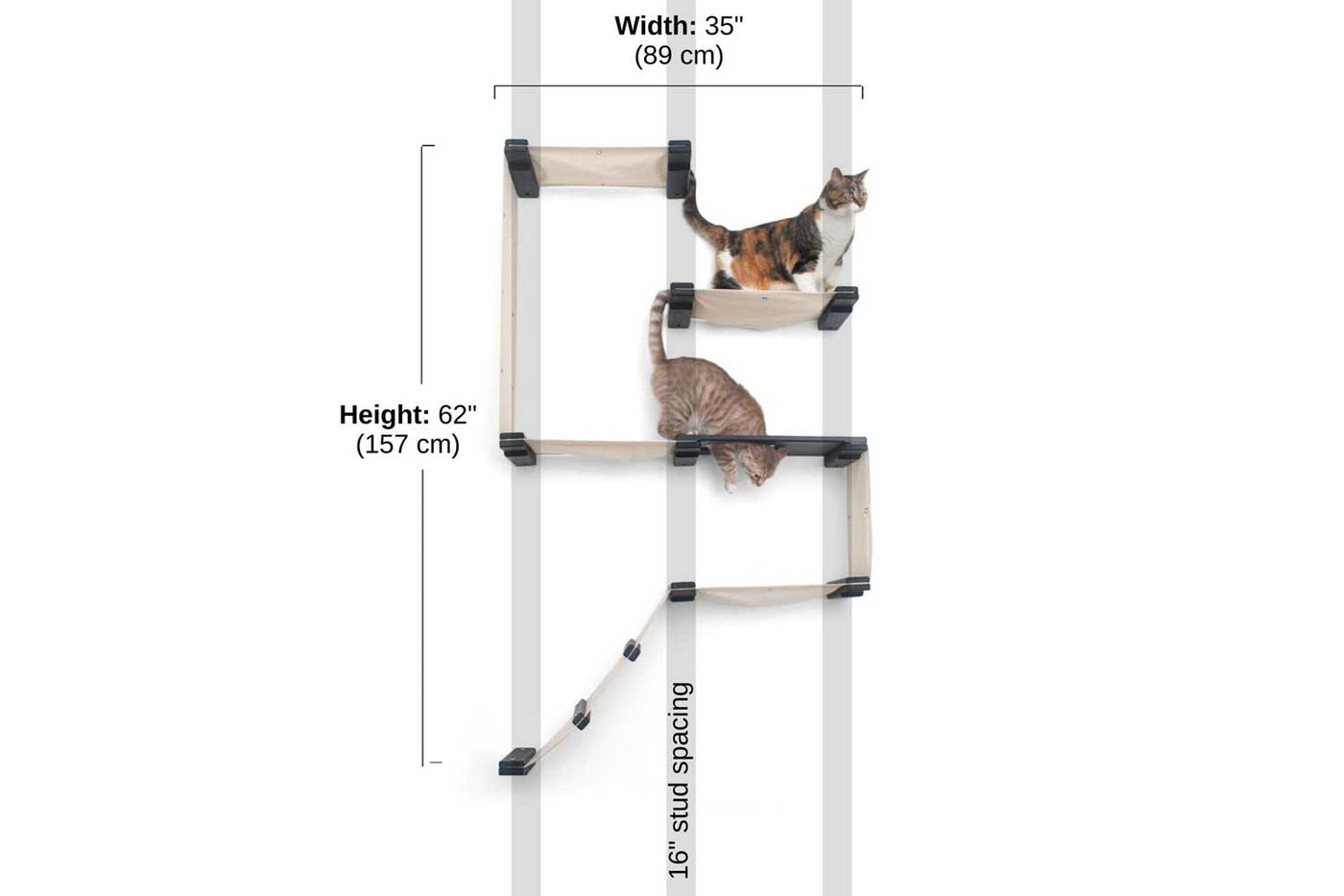 Tall narrow wall mounted cat fort condo with an entry ramp, escape hatch, and stacked canvas hammocks
