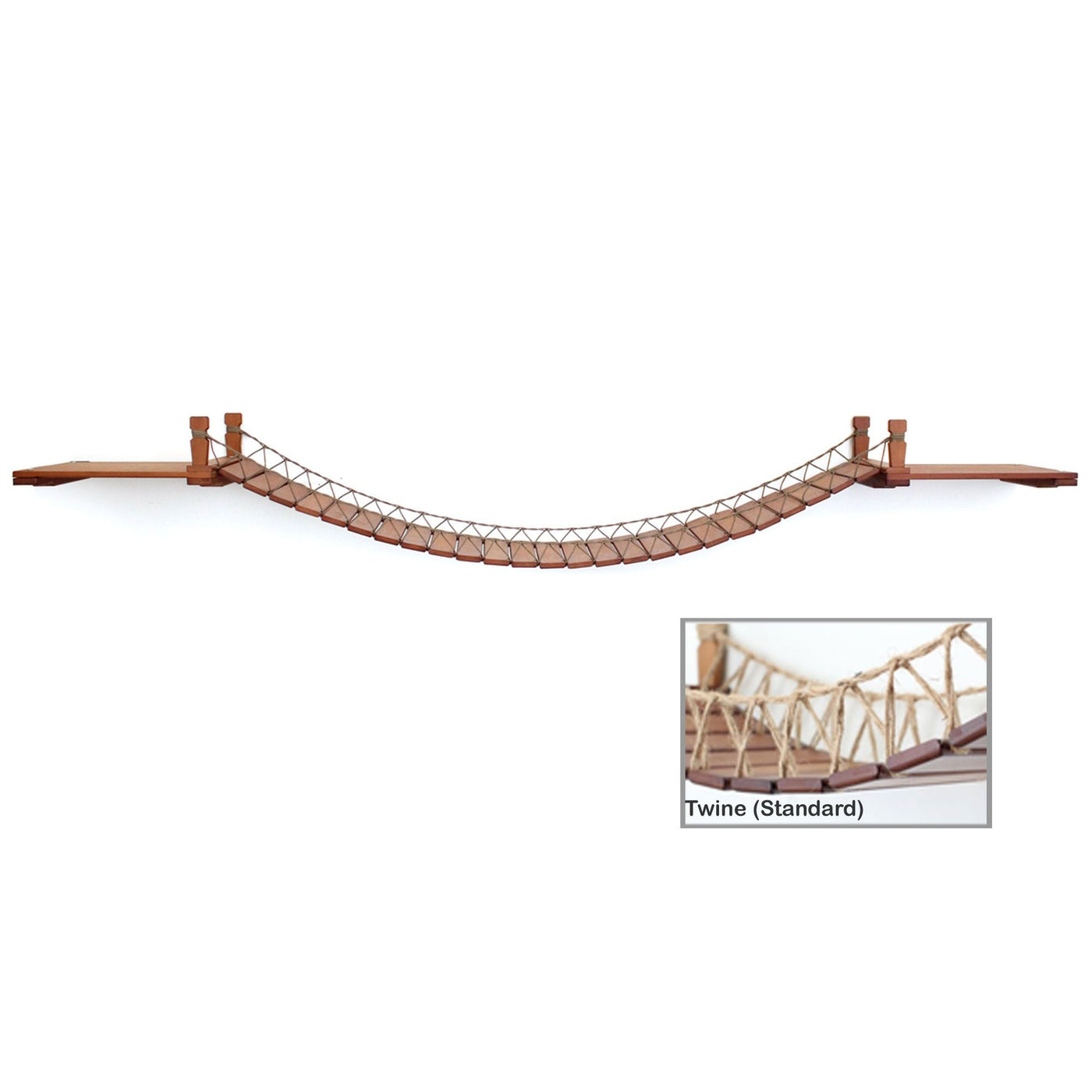 Wall mounted cat suspension bridge with a bamboo landing shelf at each end