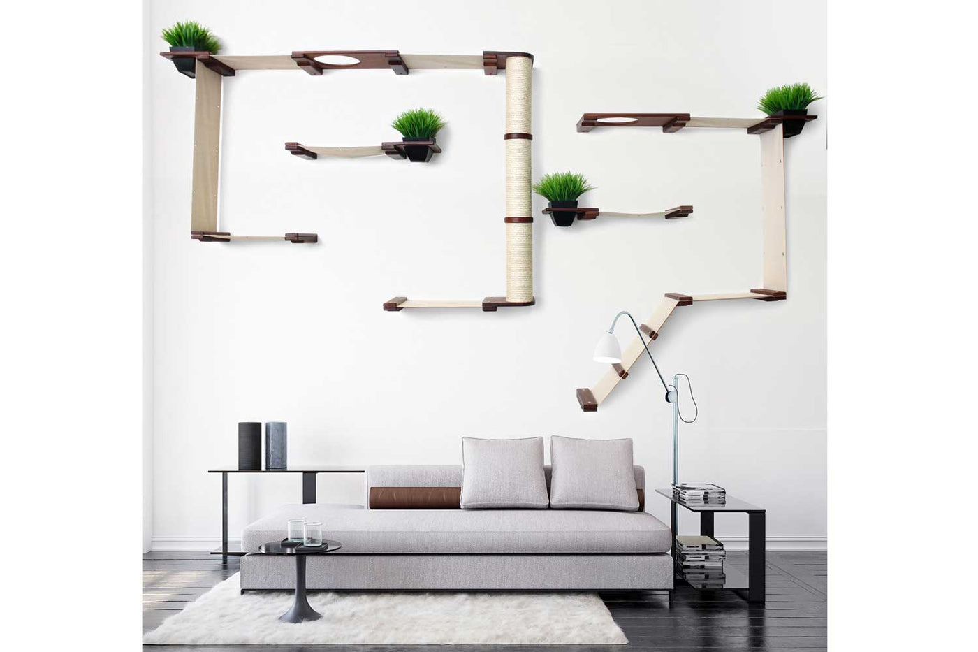 Large wall mounted bamboo cat condo with many canvas hammocks, four planters, and a central sisal pole