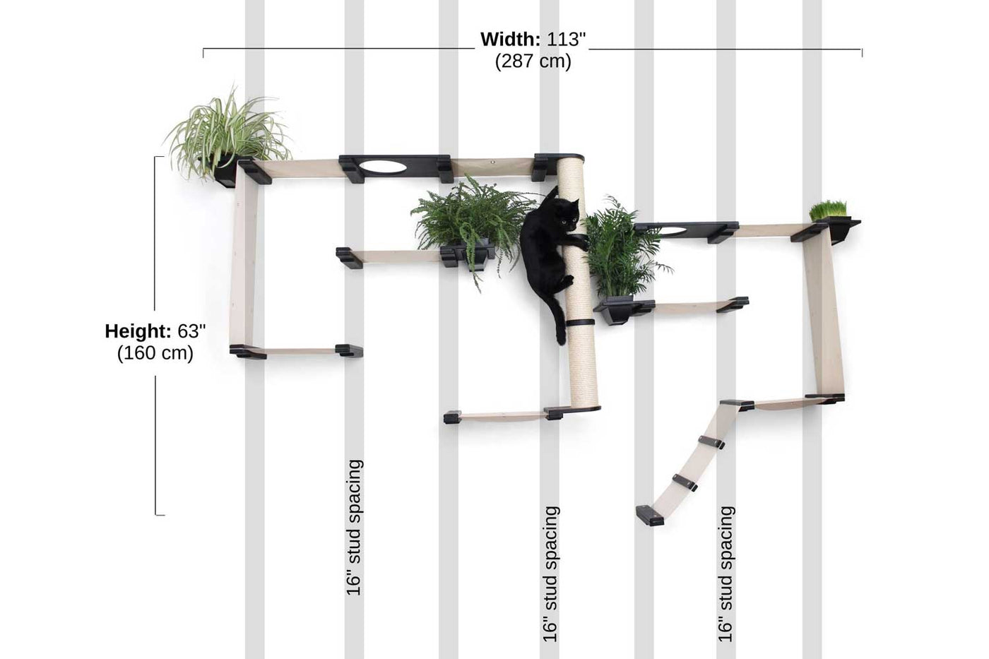 Large wall mounted bamboo cat condo with many canvas hammocks, four planters, and a central sisal pole