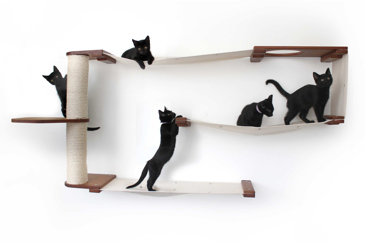Wall mounted bamboo cat maze condo with interlocking panels and a small escape hatch opening