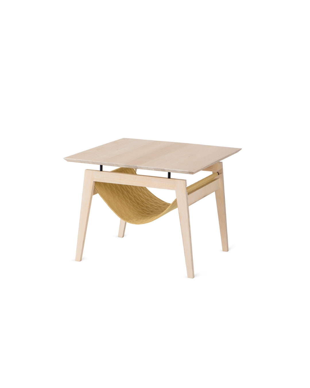 Labbvenn Kikko side table with a honey-colored quilted cat hammock under the tabletop