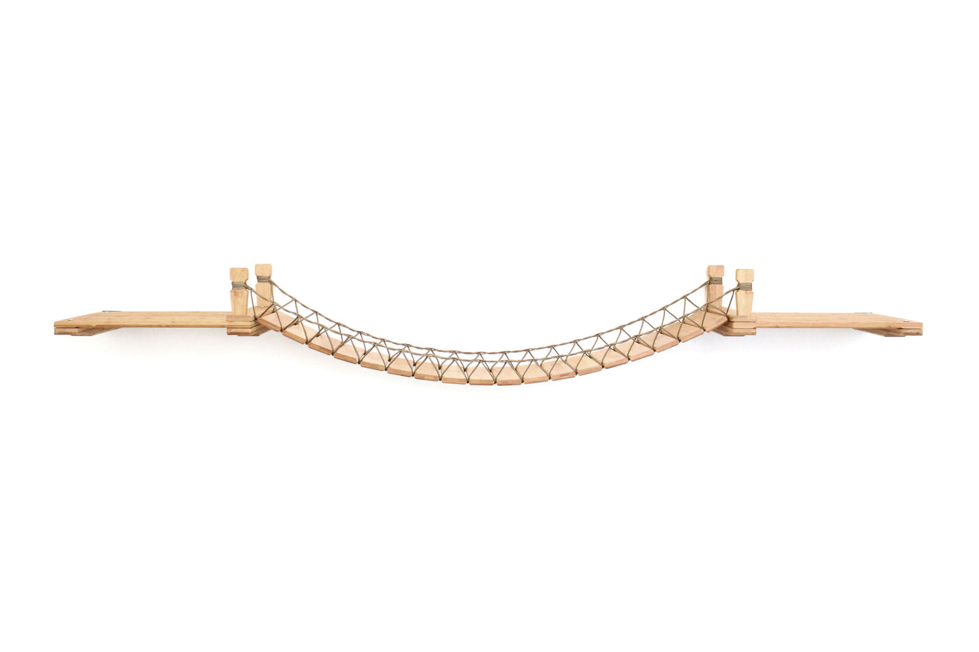Wall mounted cat suspension bridge with a bamboo landing shelf at each end