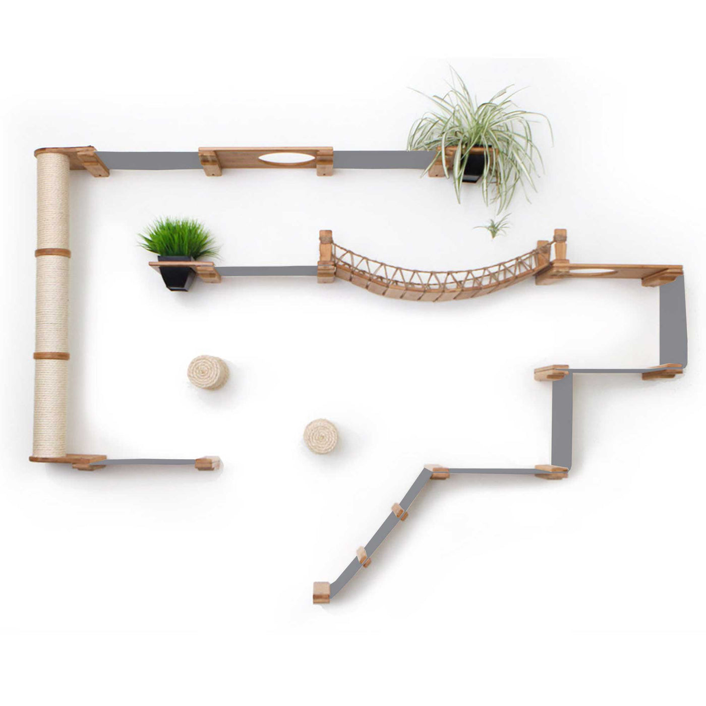 Large wall mounted cat condo packed with hammocks, a sisal pole, floating posts, a bridge, and a planter shelf