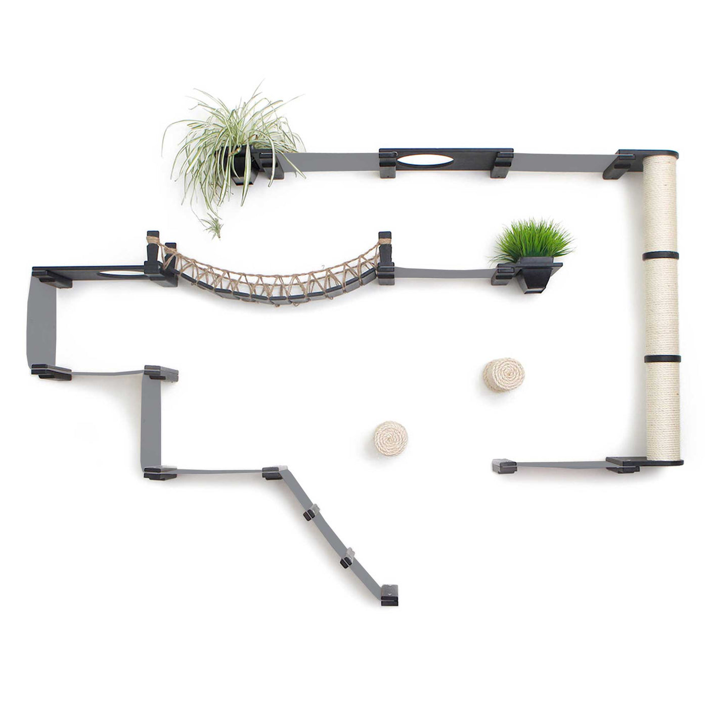 Large wall mounted cat condo packed with hammocks, a sisal pole, floating posts, a bridge, and a planter shelf