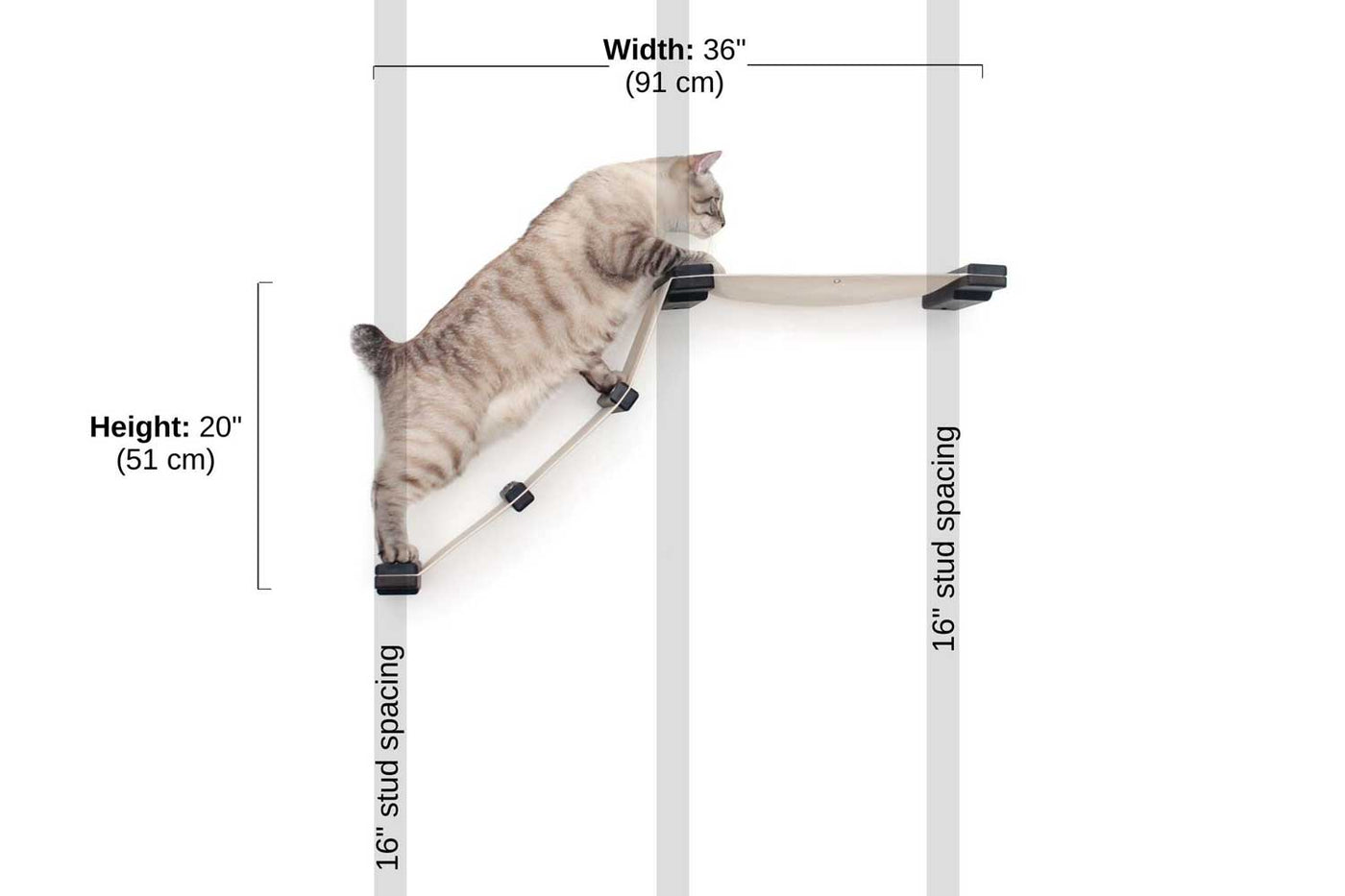 Wall mounted cat hammock with an angled climbing ramp leading up to a canvas bed