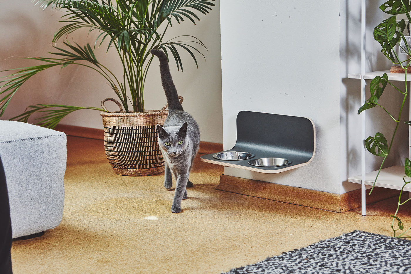 Arco Cat Feeder, Steel Bowls, Grey