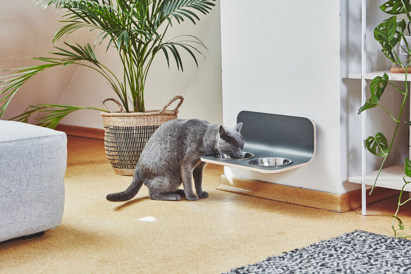 Arco Cat Feeder, Steel Bowls, Grey
