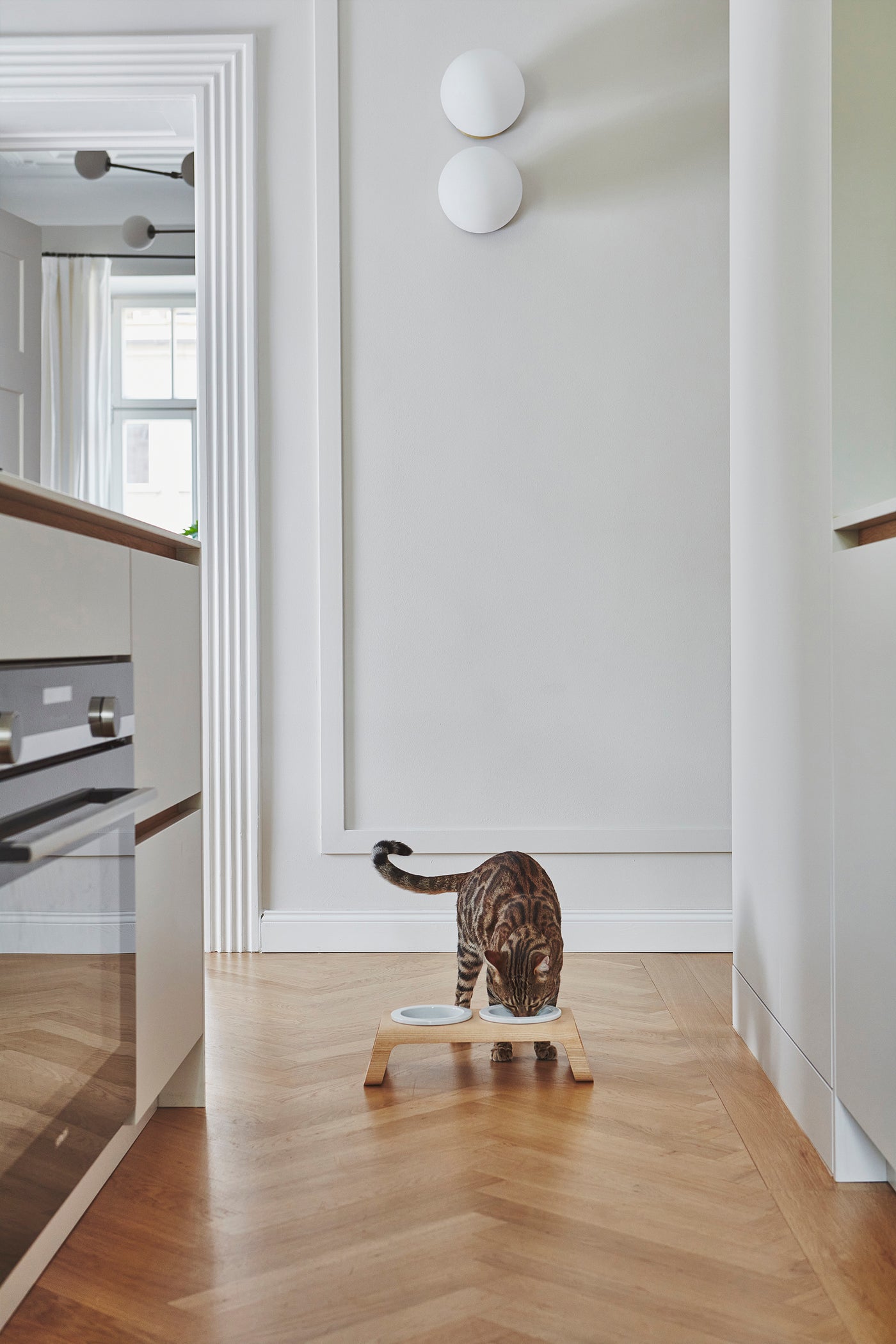 Desco Cat Feeder, Wood, Porcelain Bowls, Ash Natural