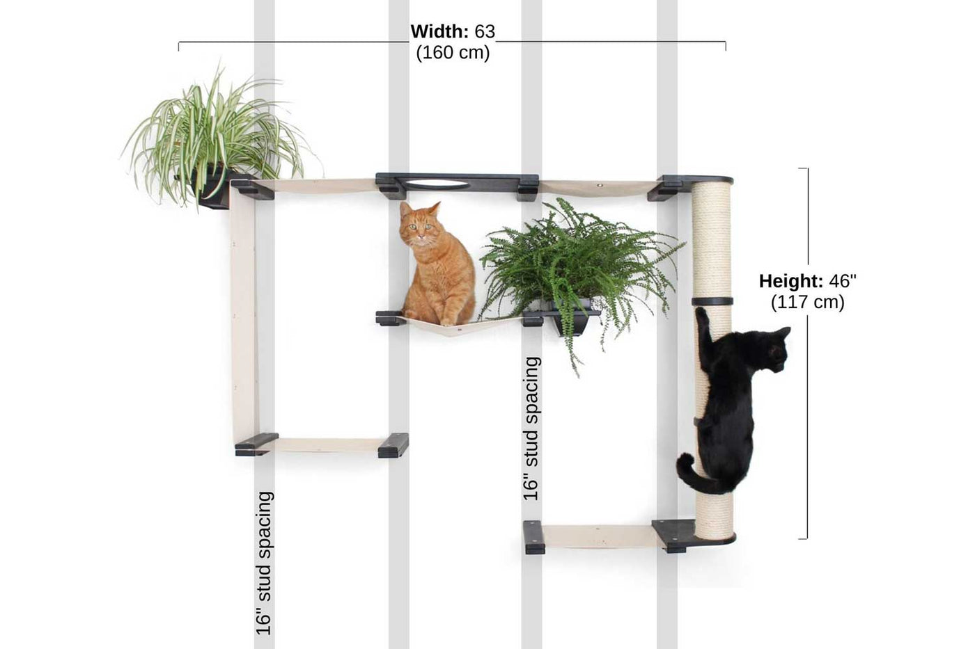 Large wall mounted bamboo cat condo with many canvas hammocks, four planters, and a central sisal pole