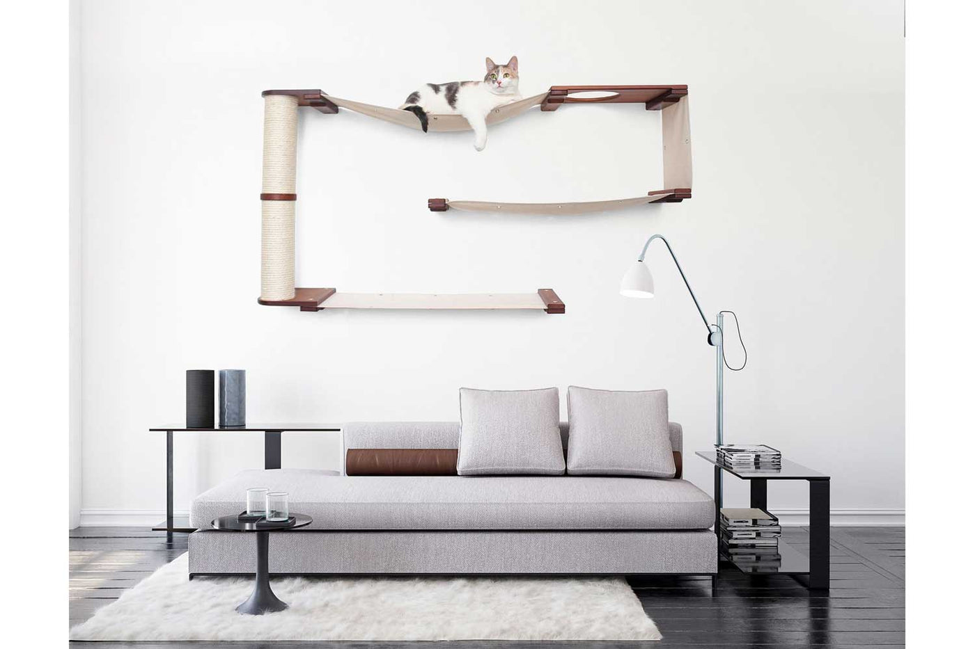 Wall mounted bamboo cat maze condo with interlocking panels and a small escape hatch opening