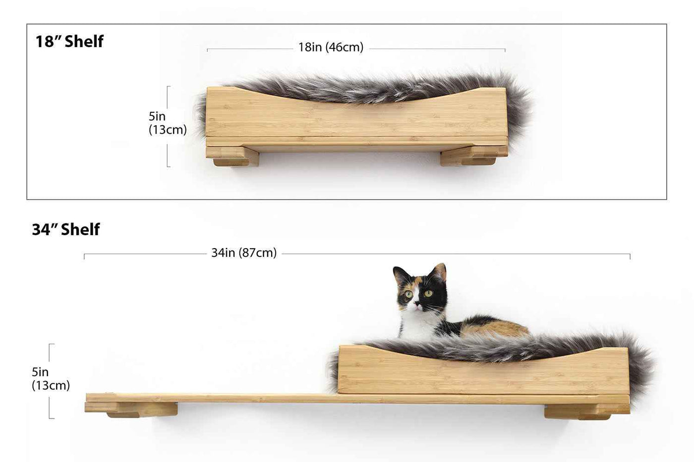 Wall-mounted bamboo cat bed with a curved front ledge and faux fur pad