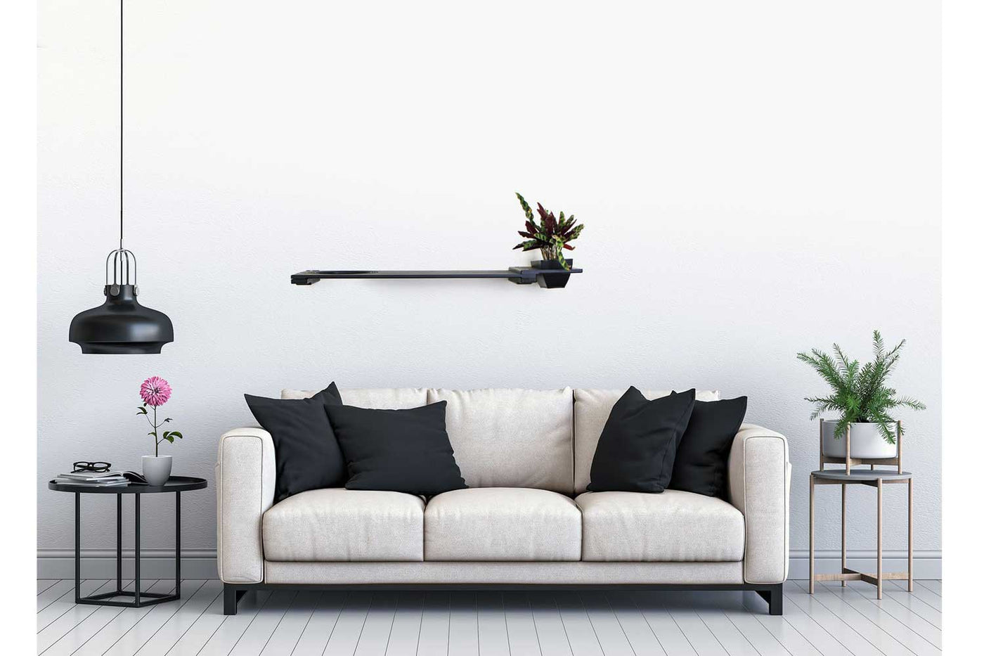 Wall mounted bamboo cat perch shelf with planter pots of greenery on either side