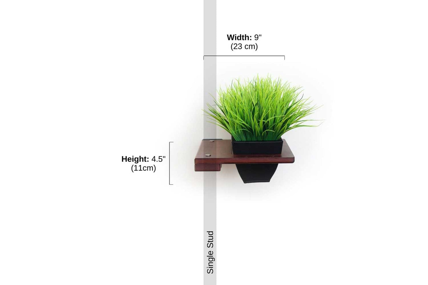 Wall mounted bamboo cat perch shelf with planter pots of greenery on either side