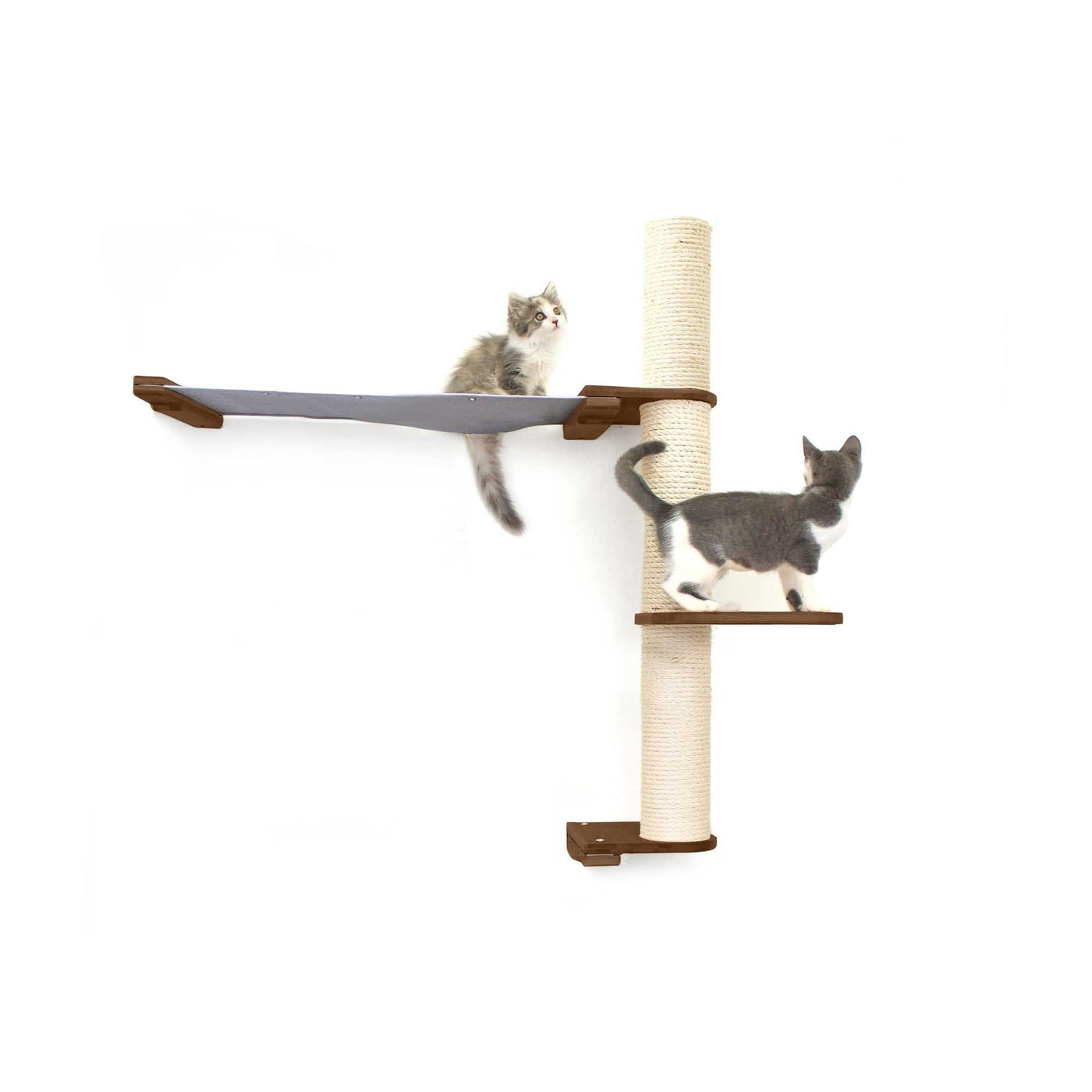 Tall wall mounted cat scratcher tree with a sisal pole installed high near the ceiling