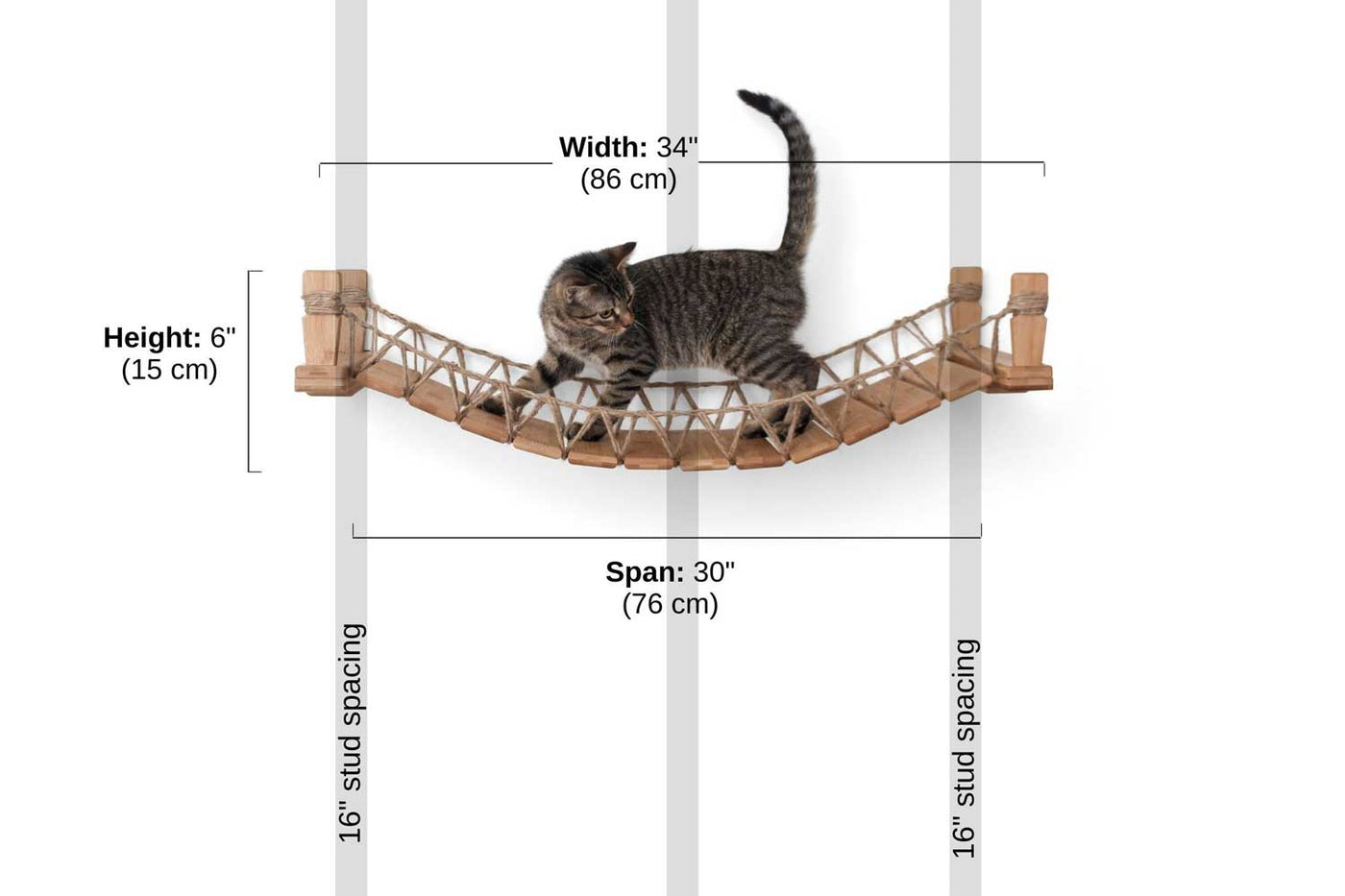 Wall mounted cat bridge stretched between two bamboo mounts above a doorway