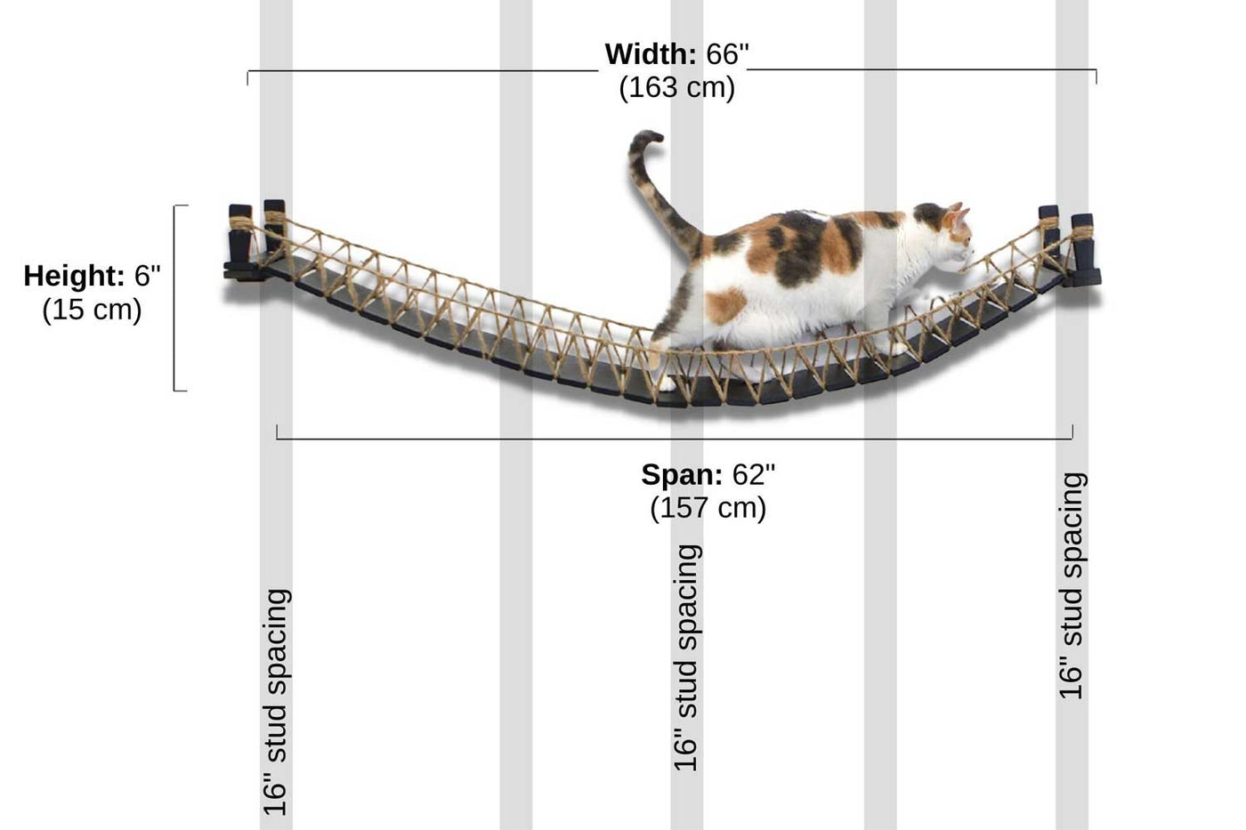 Wall mounted cat bridge stretched between two bamboo mounts above a doorway