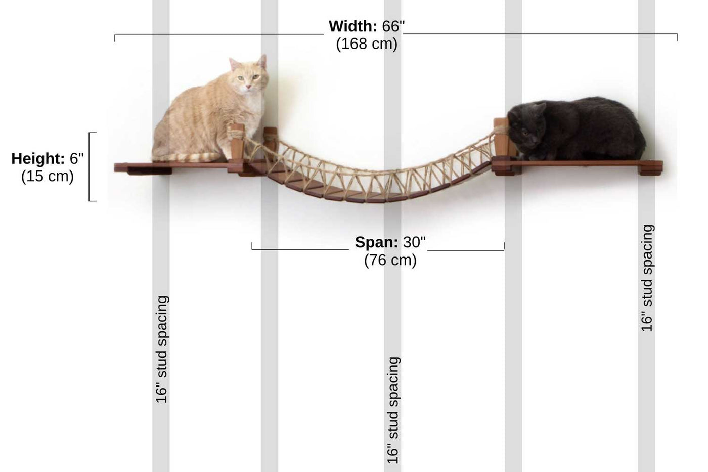 Wall mounted cat suspension bridge with a bamboo landing shelf at each end