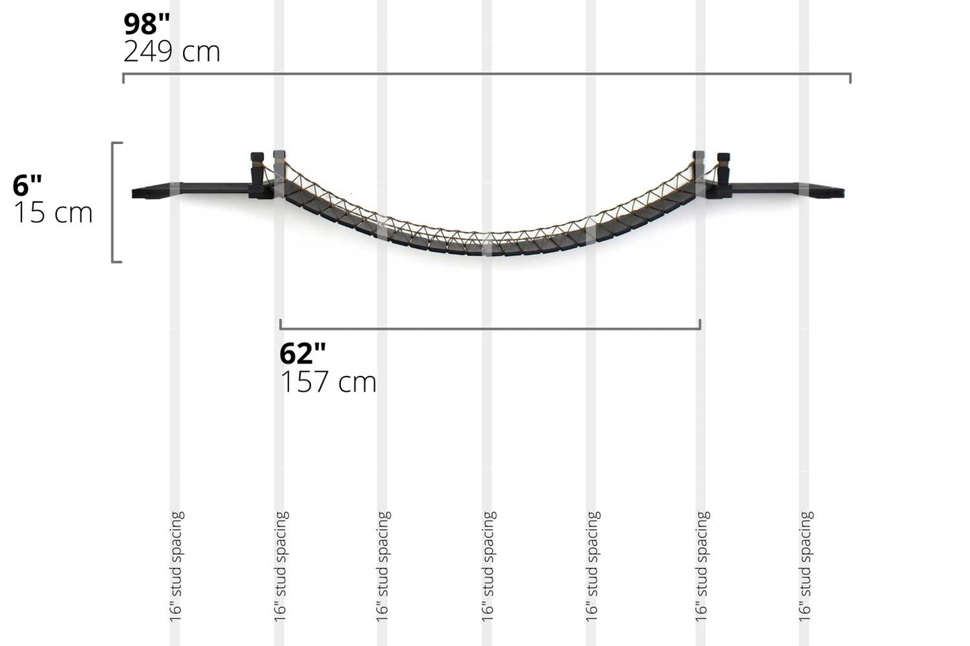 Wall mounted cat suspension bridge with a bamboo landing shelf at each end