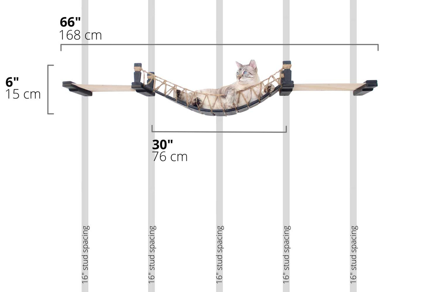 Wall mounted cat bridge with a canvas hammock at each end above a doorway