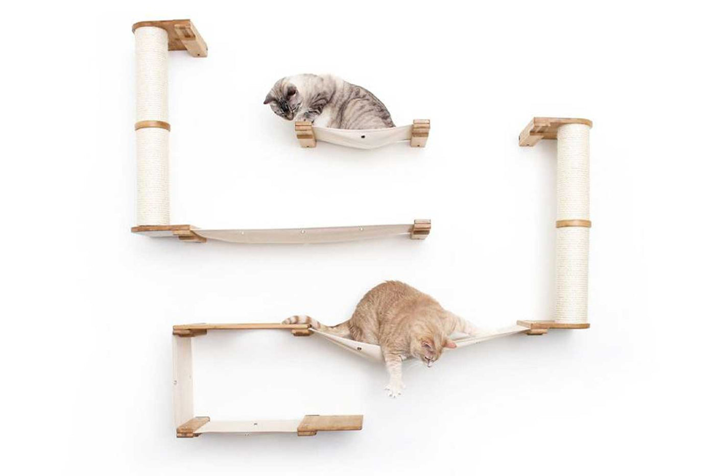 Wall mounted Roman themed cat condo with two sisal poles, canvas hammocks, and Doric pillar accents
