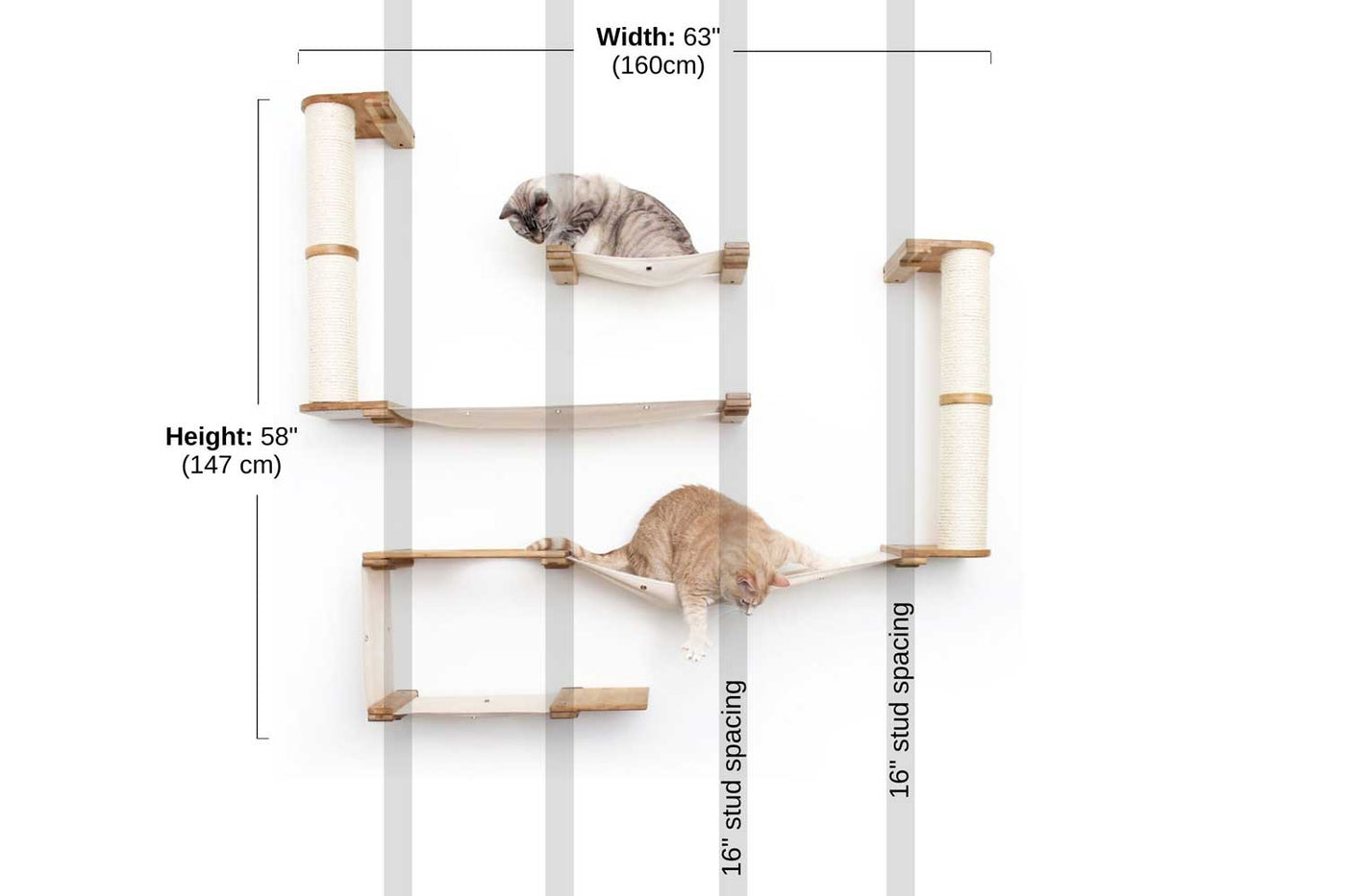 Wall mounted Roman themed cat condo with two sisal poles, canvas hammocks, and Doric pillar accents