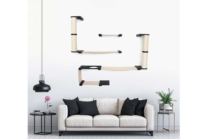 Wall mounted Roman themed cat condo with two sisal poles, canvas hammocks, and Doric pillar accents