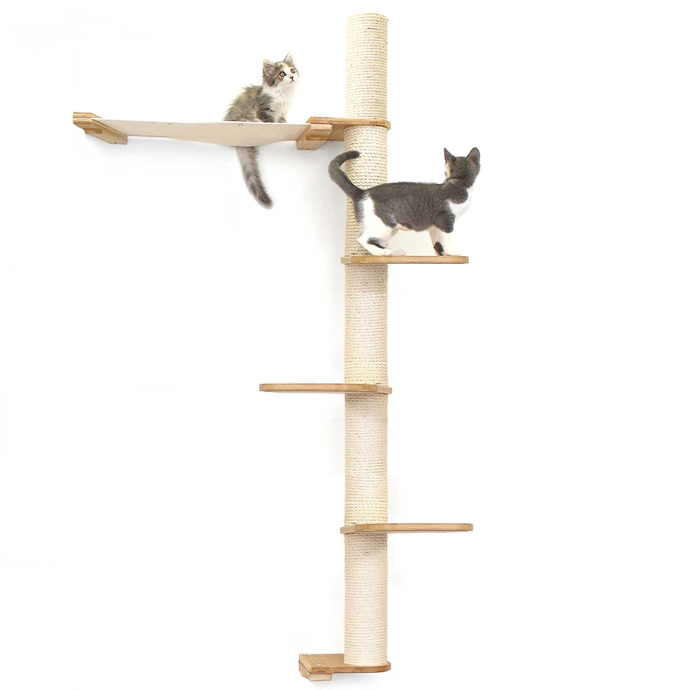 Tall wall mounted cat scratcher tree with a sisal pole installed high near the ceiling