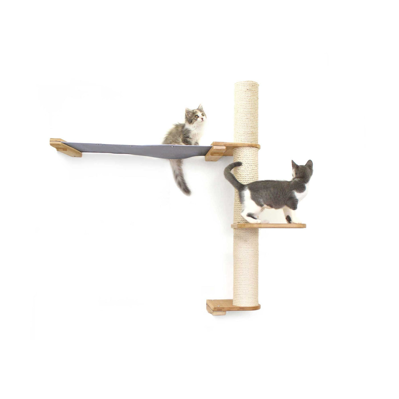 Tall wall mounted cat scratcher tree with a sisal pole installed high near the ceiling