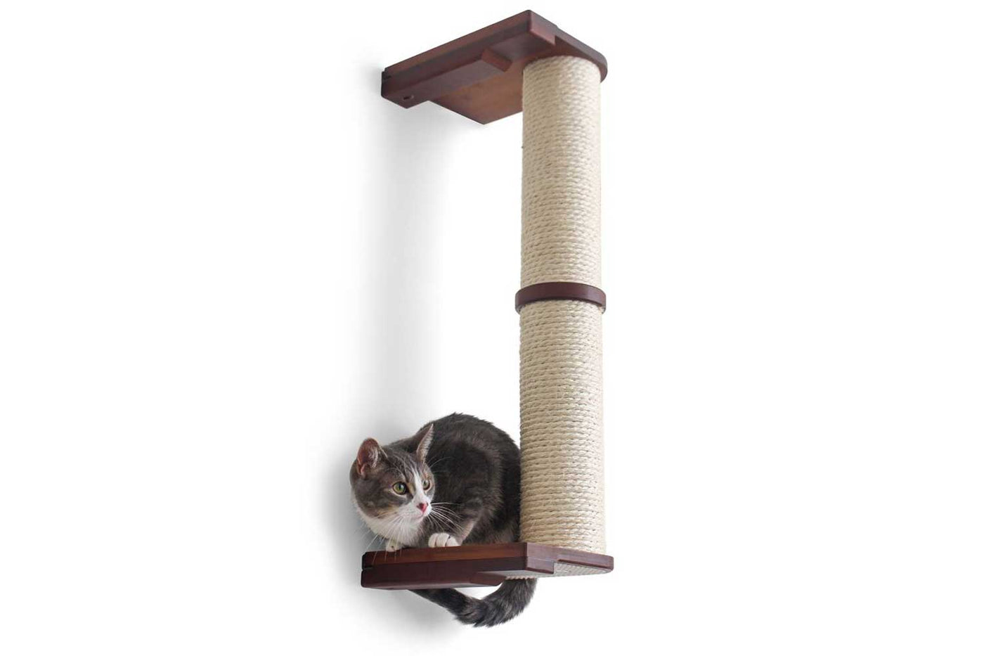 Wall mounted sisal cat scratching pole with a leaf shelf attached partway up