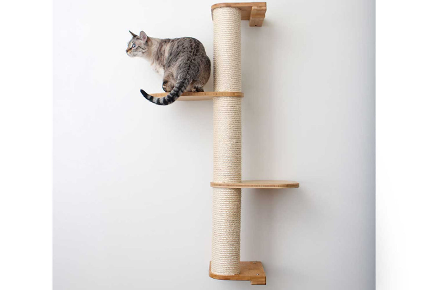 Wall mounted sisal cat scratching pole with a leaf shelf attached partway up