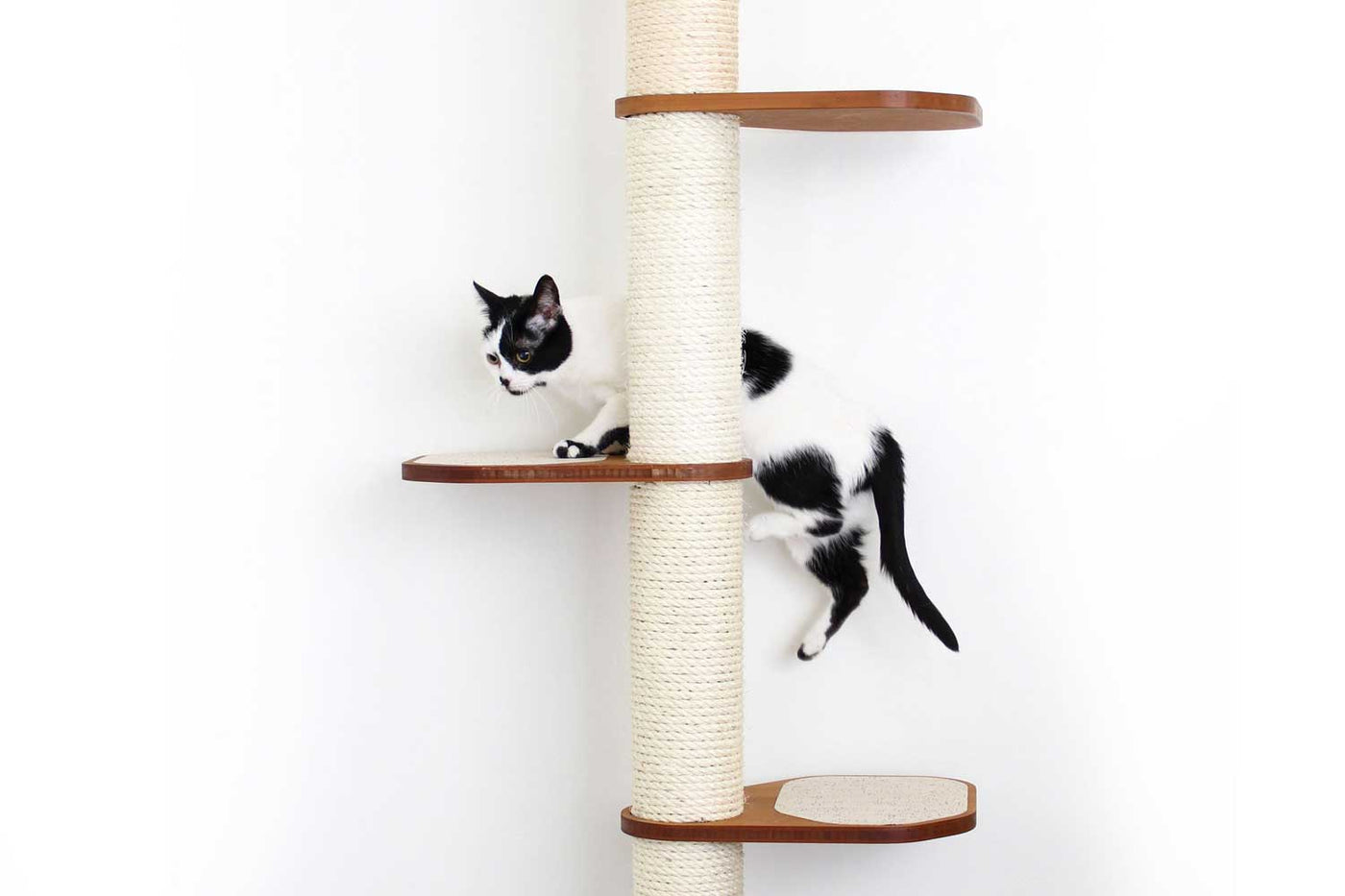Wall mounted sisal cat scratching pole with a leaf shelf attached partway up