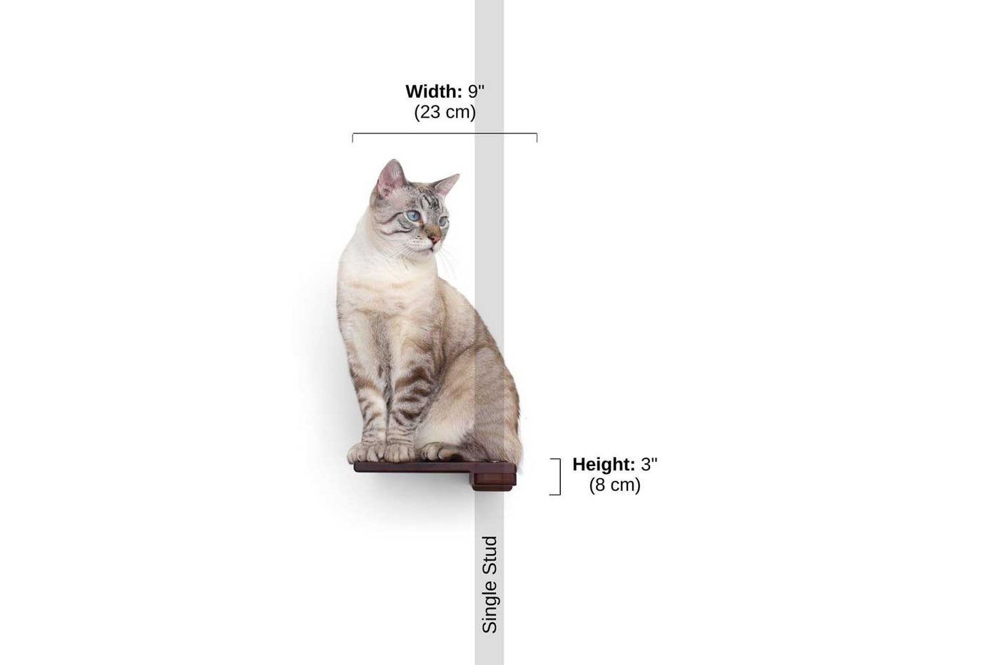 Small nine inch bamboo cat climbing shelf mounted on a wall as a stepping point