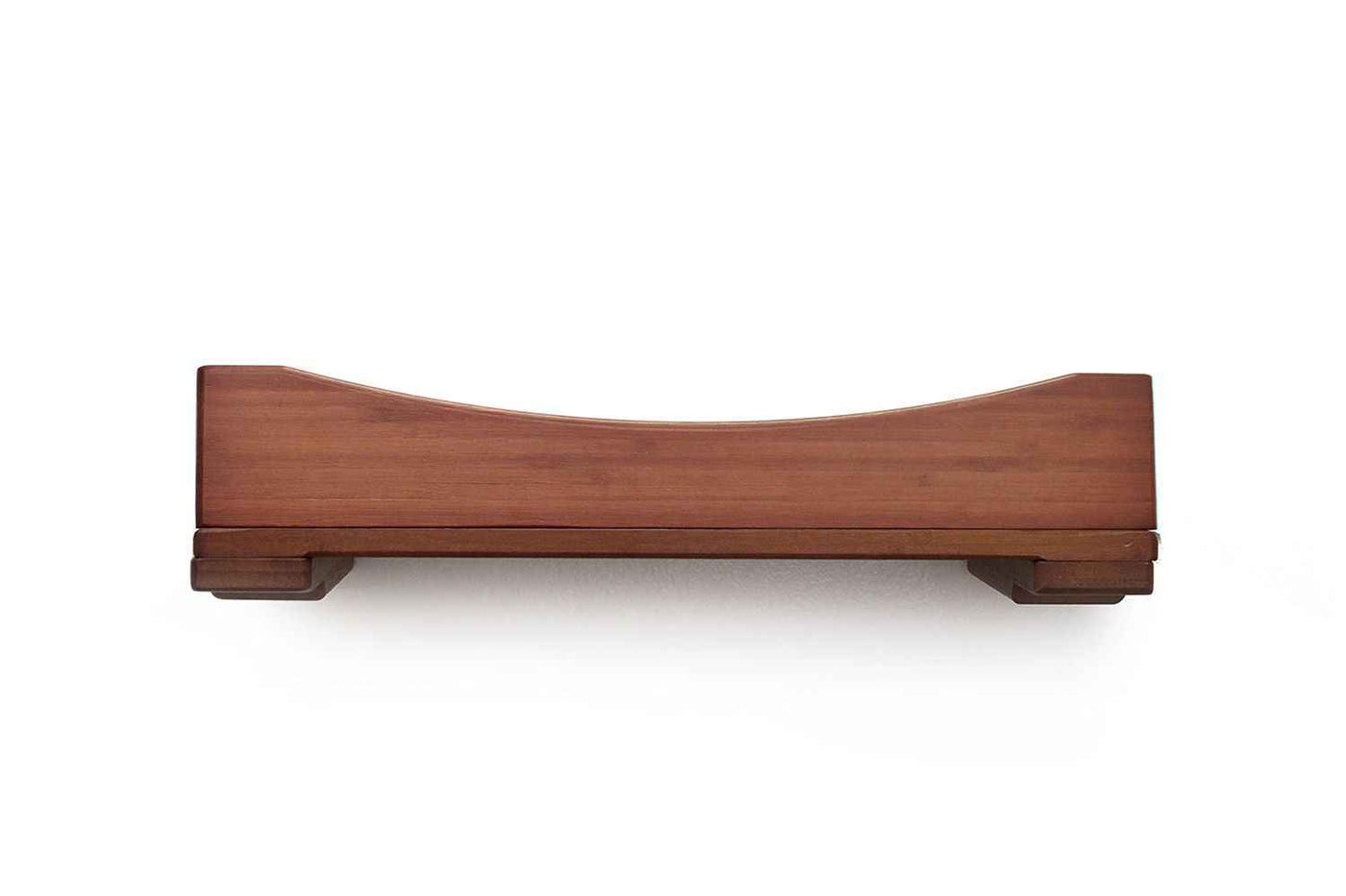 Wall-mounted bamboo cat bed with a curved front ledge and faux fur pad